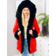 Piros téli női dzseki kapucnival és óriás szőrmével
