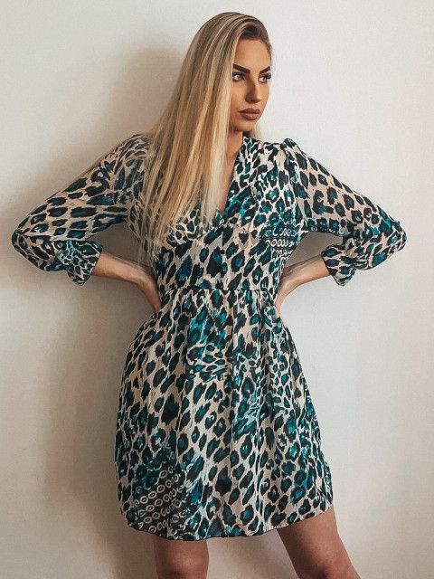 Női kék leopárdmintás ruha gombokkal 
