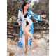 Hosszú exkluzív női kimonó övvel - fehér-kék