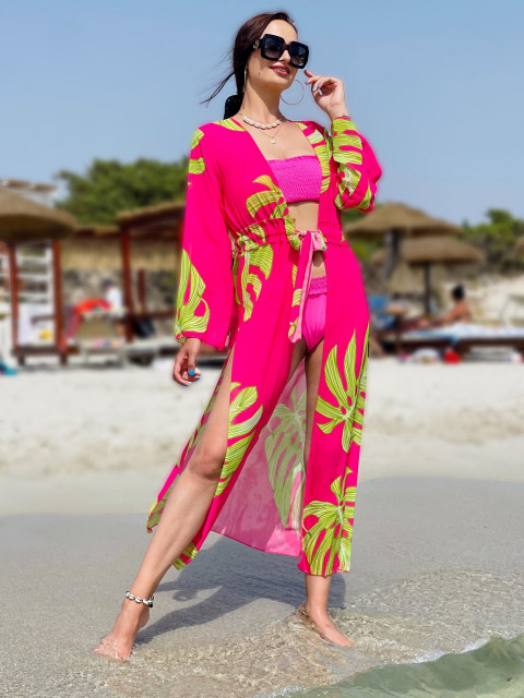 Hosszú exkluzív női kimonó övvel - rózsaszínű