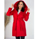Női kabát kapucnival és övvel - piros