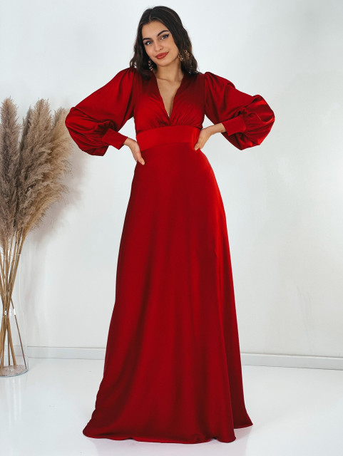 Hosszú exkluzív szatén alkalmi ruha V-kivágással - piros