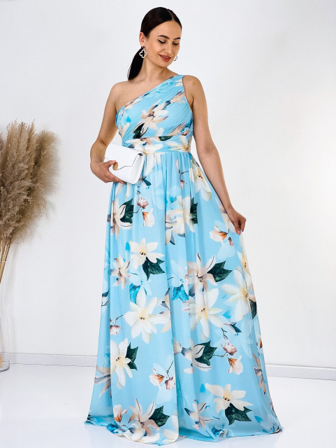 Hosszú női világoskék virágmintás alkalmi ruha Amal