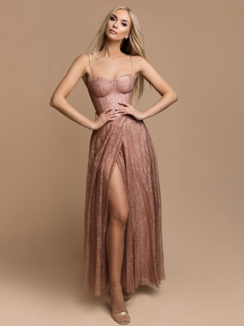 Exkluzív női csillogó alkalmi ruha hasítékkal - rózsaszínű