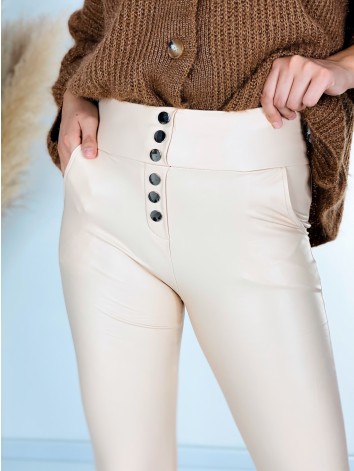 Női bézs elasztikus műbőr leggings gombokkal