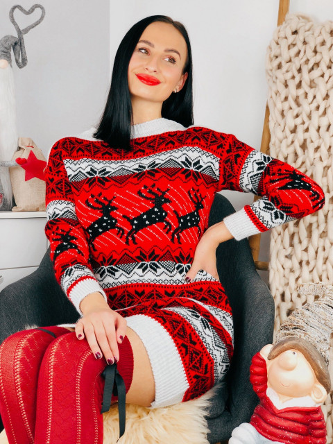 Női kötött ruha karácsonyi motívummal- piros-szürke