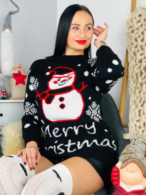 Női fekete karácsonyi pulóver hóemberrel