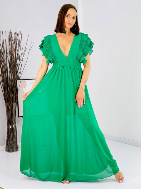 Hosszú női ruha fodros ujjakkal - zöld