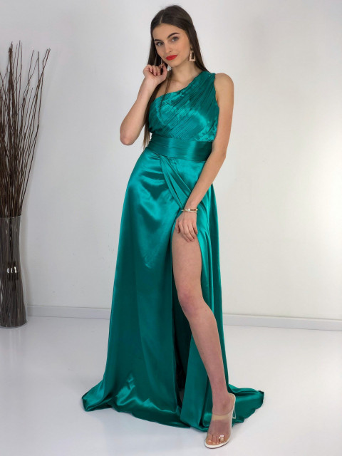 Hosszú női szatén ruha hasítékkal Roxen - zöld