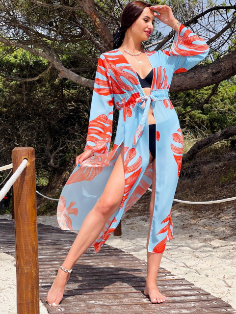 Hosszú exkluzív női kimonó övvel - világoskék