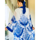 Női kék kosztüm molett hölgyeknek: nadrág + kimonó
