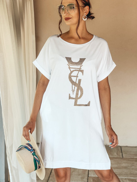 Női pólóruha YSL hasítékkal - fehér