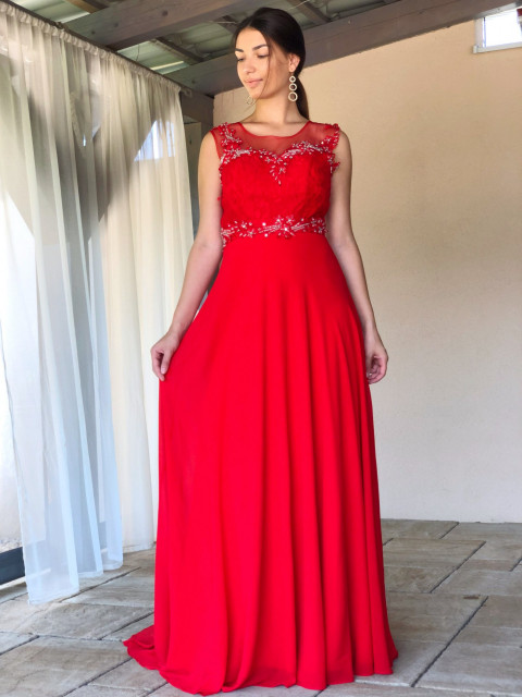 Hosszú női alkalmi ruha uszállyal - piros