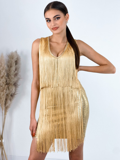 Exkluzív női arany alkalmi ruha rojtokkal