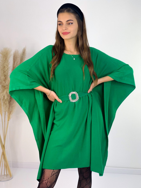 Női pulóver ruha övvel és brossal - zöld