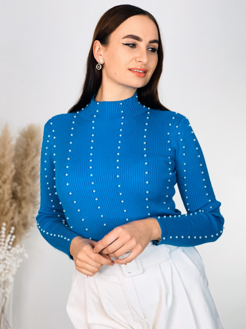 Női kék garbós pulóver díszgyöngyökkel MELLA