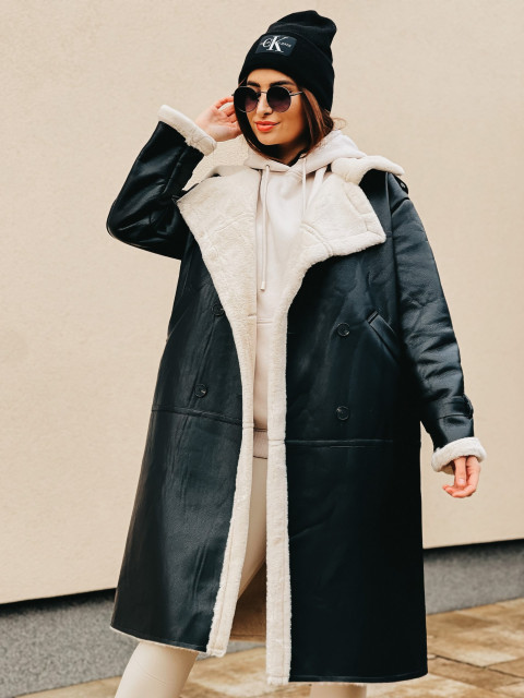 Luxus női fekete-fehér kabát szőrmével