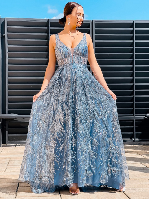 Exkluzív hosszú női csillogó alkalmi ruha - kék