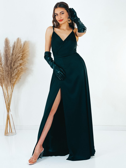 Hosszú luxus női alkalmi ruha hasítékkal - fekete
