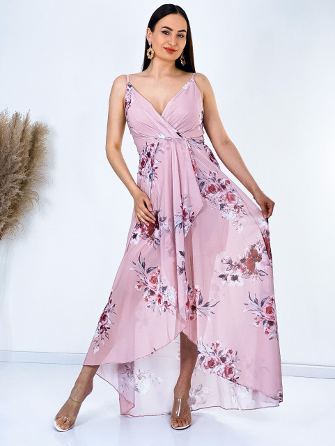 Hosszú női rózsaszín virágmintás alkalmi ruha