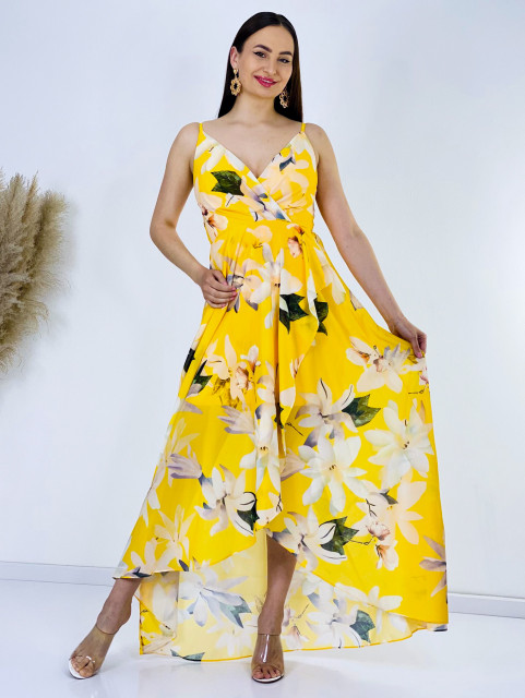 Hosszú női sárga virágmintás alkalmi ruha