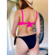 Női rózsaszínű háromrészes virágmintás fürdőruha + brazil bikini alsó 
