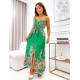 Hosszú női mintás szatén ruha hasítékkal és övvel - zöld