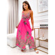Hosszú női mintás szatén ruha hasítékkal és övvel - rózsaszínű