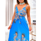 Hosszú női mintás szatén ruha hasítékkal és övvel - kék