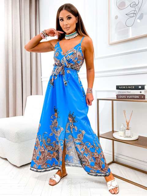 Hosszú női mintás szatén ruha hasítékkal és övvel - kék