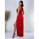 Hosszú női szatén ruha hasítékkal - piros