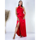 Hosszú női szatén ruha hasítékkal - piros