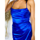 Exkluzív női kék szatén alkalmi ruha hasítékkal PERLA