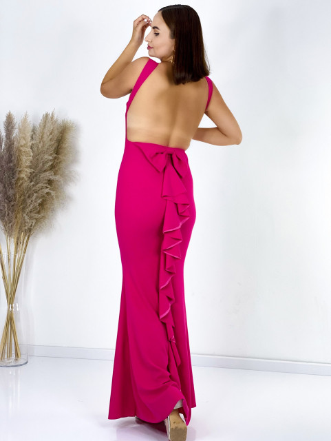 Hosszú női alkalmi ruha masnival és nyitott háttal - rózsaszínű 