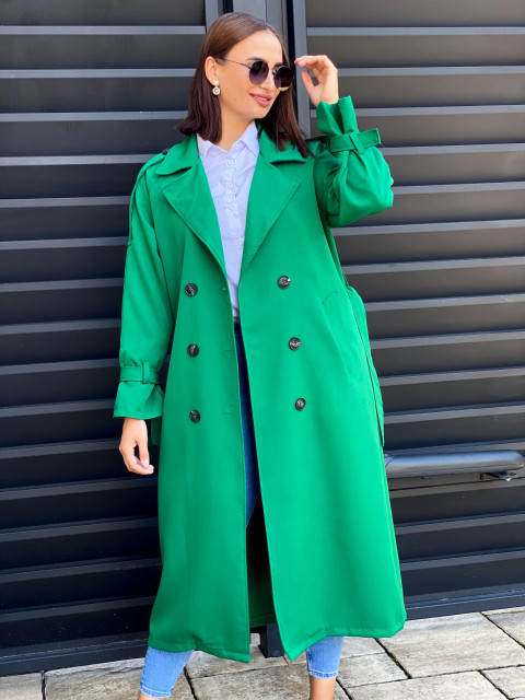 Hosszú luxus női sötétzöld trench kabát övvel és gombokkal