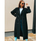 Hosszú luxus női fekete trench kabát övvel és gombokkal