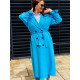 Hosszú luxus női türkizkék trench kabát övvel és gombokkal