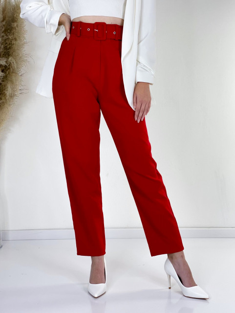 Elegáns női piros nadrág magas derékkal és övvel LIA