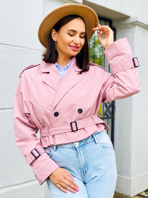 Női rövid trench kabát övvel - rózsaszínű