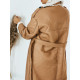 Hosszú női műbőr bélelt télikabát övvel - camel