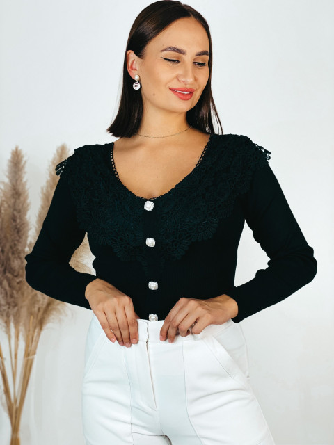 Elegáns női pulóver csipkével és gombokkal - fekete