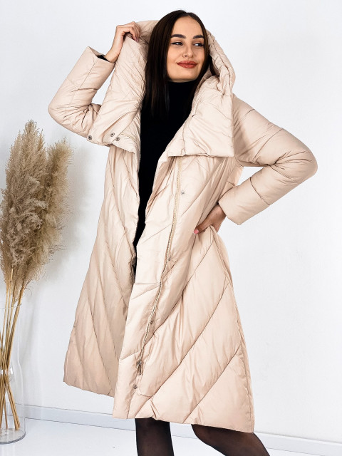Hosszú női átvarrt télikabát kapucnival - bézs
