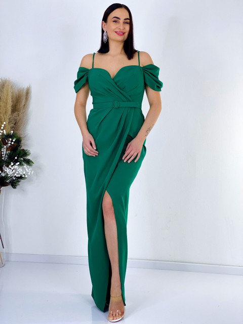 Hosszú női zöld alkalmi ruha hasítékkal és övvel