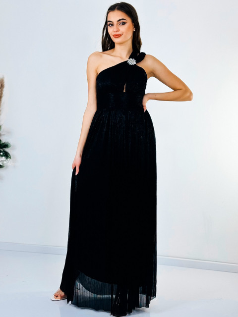 Hosszú női fekete csillogó alkalmi ruha brossal