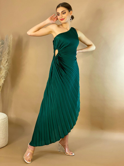 Női aszimmetrikus egyvállas redőzött ruha - zöld