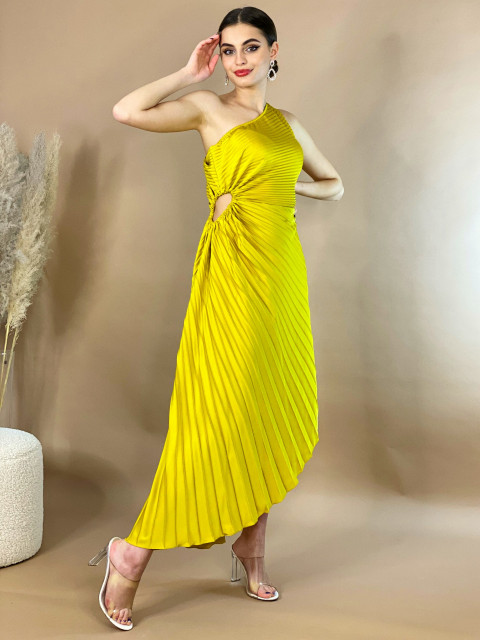 Női aszimmetrikus egyvállas redőzött ruha - sárga