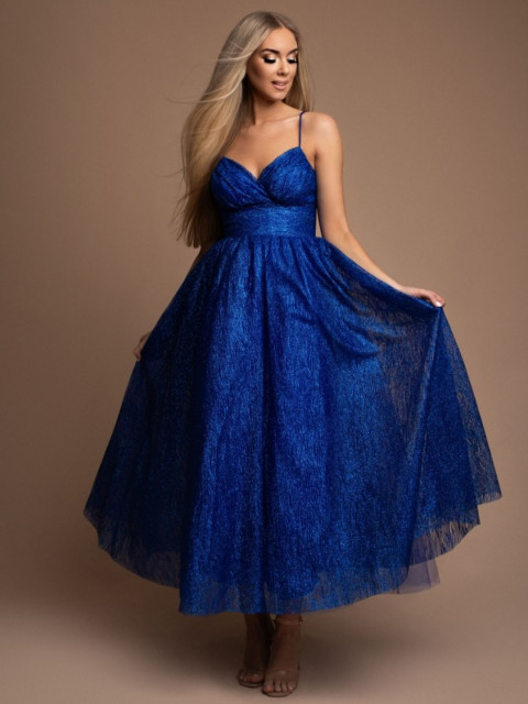 Női kék csillogó midi ruha nagy szoknyával