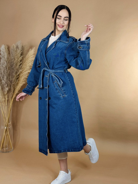 Hosszú női farmer  trench kabát övvel és gombokkal