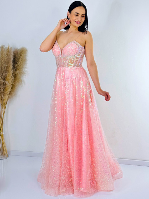 Luxus hosszú női rózsaszínű alkalmi ruha flitterekkel